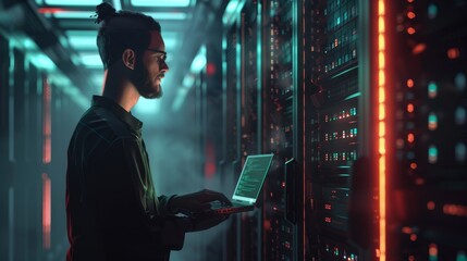 Poster - A focused IT professional stands in a server room with racks of network equipment illuminated by blue lights and uses a laptop