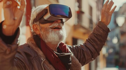 Canvas Print - Experiences new with virtual reality gadget for old man