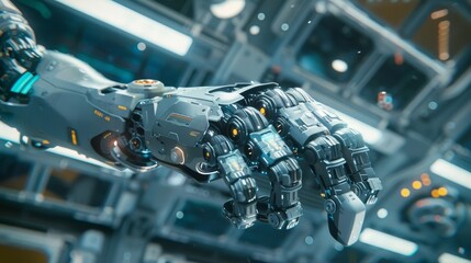 Poster - The hand of an AI robot is shown on a screen. The implication is that AI is able to create new technologies.