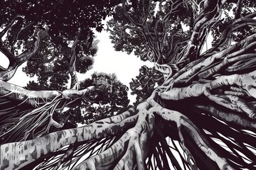 Poster - A black and white photo of a tree silhouette against a gray or cloudy sky
