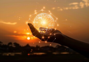 Poster - The hands of a man are holding the global network and customer connection on a nature background.