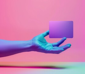 Poster - in this 3d render, a blue hand holds a smart phone or card digital device horizontally. a blank elec