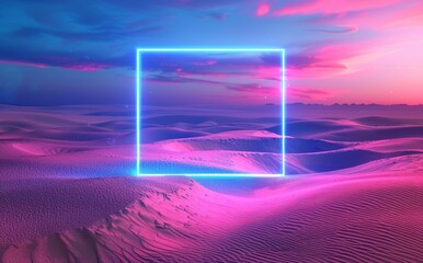 Poster - 3D rendered “abstract modern minimal neon background”. Glowing square frame on a background of empty desert. Futuristic cover mockup with space for copy.