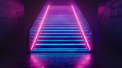 Poster - Rendering of an abstract neon background with pink and blue glowing lights, a staircase in a dark room