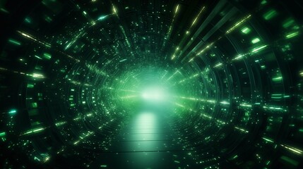 Canvas Print - Abstract Futuristic Green Tunnel with Digital Glowing Lights