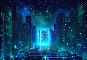 Poster - Abstract neon background in 3D, glowing rectangle portal, vertical lines in cyberspace, urban scene in virtual reality, empty street in fantastic emerald city, skyscrapers at night