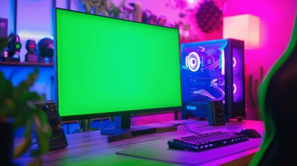 Poster - Stylish Blue and Neon-lit Room with Powerful Gamer Rig with Mock Up Green Screen Monitor.