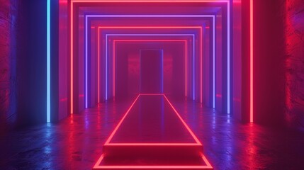 Canvas Print - This is a 3D render with red blue neon light, abstract background with glowing lines, cyber space in virtual reality, a nightclub room interior, a fashion podium or stage, an empty corridor in the