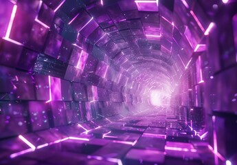 Canvas Print - An abstract neon background with glowing round portals in cyberspace, ring shapes, a fantastic scene in virtual reality, and roads between walls of blocks in the night sky.