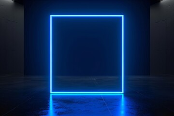 Poster - 3D rendering with abstract blue neon background, modern music performance stage, glowing rectangular arch, blank banner, ultraviolet spectrum, and laser show