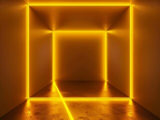 Canvas Print - An abstract minimalist background, yellow neon light, dynamic glowing lines, a performance stage, vibrant colors, an empty room, a tunnel, a corridor, an interior of a nightclub in 3D