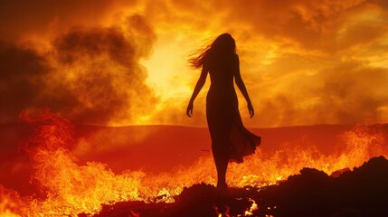 Aufkleber - A woman stands in front of a fire, possibly warm or lit for cooking