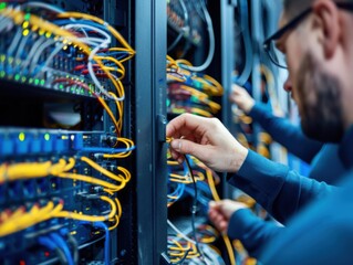 Close-up of an engineer connecting or troubleshooting network cables in a server room. Focus on hands and equipment.