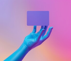 Poster - blue hand holding a smart phone or card in a horizontal position. electronic gadget blank mockup iso