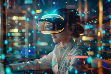 Poster - Business woman in virtual reality exploring a cyber world in the office at night. Futuristic, mockup technology and 3D digital transformation for female employee.