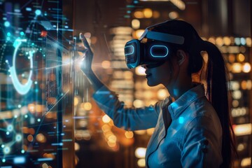 Poster - Metaverse, virtual reality, and female working in an office at night using AI, software, and simulation technology for 3D digital transformation.