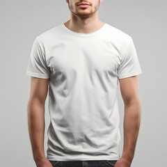 Wall Mural - Men's white t-shirt on a man isolated on gray background