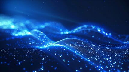 Poster - digital particle flow in blue, abstract background in cyberspace