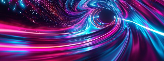 Poster - Render, abstract panoramic background with tunnel turn. Ultraviolet light rays and neon lines.