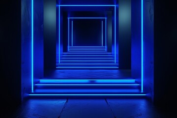 Poster - 3D renders of an abstract blue neon background, glowing vertical lines, illuminated stairs, a fashion podium, and a performance stage