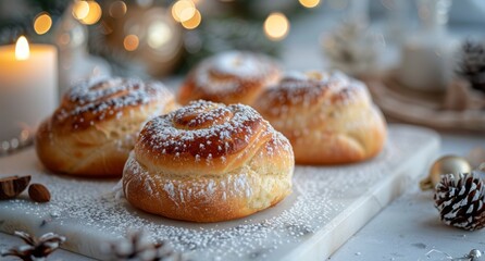 Wall Mural - Powdered Sugar Covered Bread Roll on Marble Board During Holiday Season