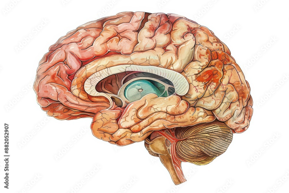 Detailed human brain anatomy, fullbrain diagram, labeled regions ...