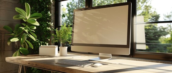 Poster - An office workspace with a computer, VR headset, and decor on a wood table against a window