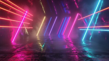 Wall Mural - Colorful geometric background with neon lights in 3D technology. Empty space, spotlight, dark night, virtual reality, cyber futuristic sci-fi background.