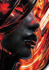 Wall Mural - A woman's face is shown in a black and red color scheme. The image has a futuristic and edgy feel to it, with the woman's face being the main focus. The use of black