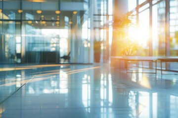 Poster - This is a beautiful blurred background of a light modern office interior with panoramic windows and beautiful lighting.