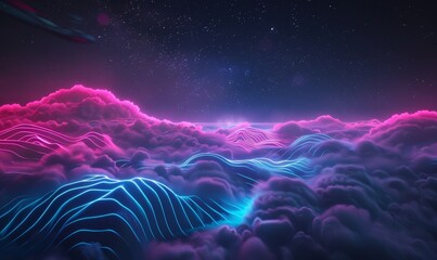 Poster - Stunning neon cloud and glowing dynamic lines, 3D render, stock photo