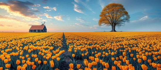 Wall Mural - Dutch Countryside Landscape with Windmill and Tulip Field