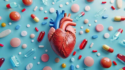 Image of a model human heart surrounded by various colorful medication pills and capsules on a blue background, symbolizing heart health.