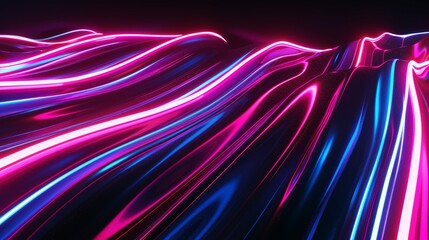 Poster - An abstract neon background with pink and blue neon lines and a reflection on the ground is rendered in 3D