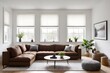 © Bestocker - Cozy Living room interior with brown couch and white wall. Generative ai