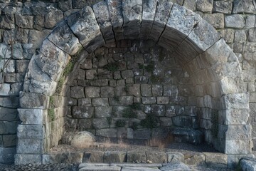 Poster - An ancient stone arch with a wooden bench in front of it