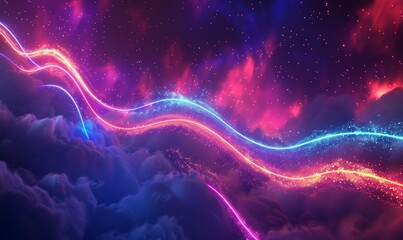 Poster - The background is an abstract fantasy with a neon cloud, glowing lines, and neon clouds. Stock photo