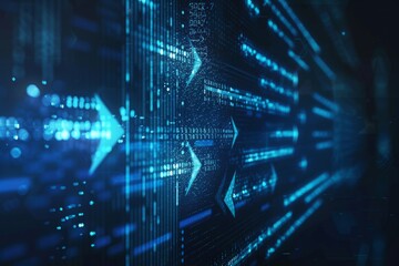 Poster - Stock image of blurred futuristic abstract geometric background with arrows and technology concept for business, data transfer and digital marketing.