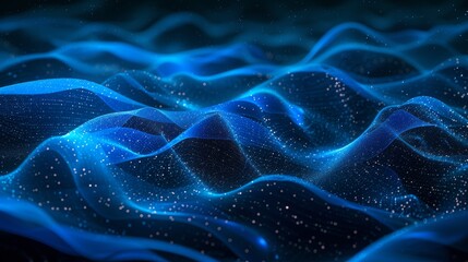 Poster - Wave flow of digital particles in blue, abstract background of digital cyberspace