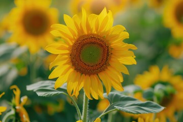 Poster - A field of tall sunflowers with bright yellow petals and green leaves, ideal for use in agricultural or nature-related contexts