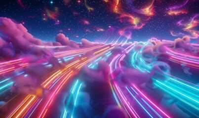 Poster - This is a 3D render of a fantastic neon cloud and glowing dynamic lines. Stock image