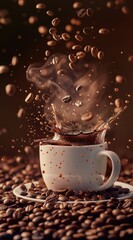 Poster - coffee beans and coffee cup with splashes of coffee