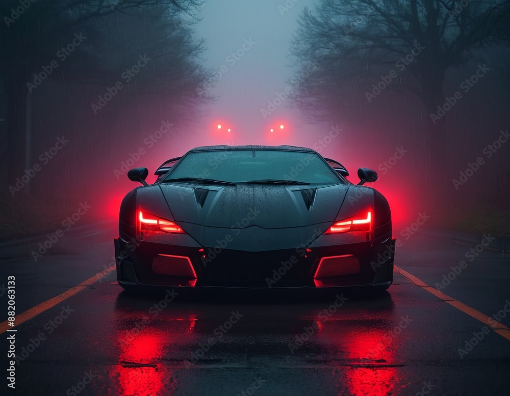 Black sports car with red headlights on a foggy road, power and ...