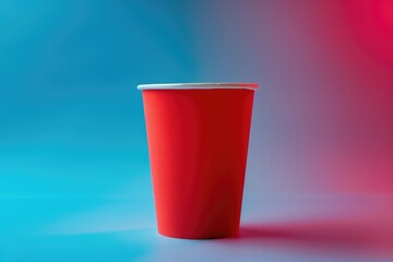 Aufkleber - A bright red cup with a white lid sits on a colorful blue and pink background