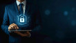 © cindy - Close up Businessman holding tablet with security symbol and padlock on dark blue background. concept of digital cyber protection or data promotion in the style of security