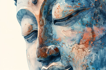 Wall Mural - illustration close up buddha face on white background. cope space