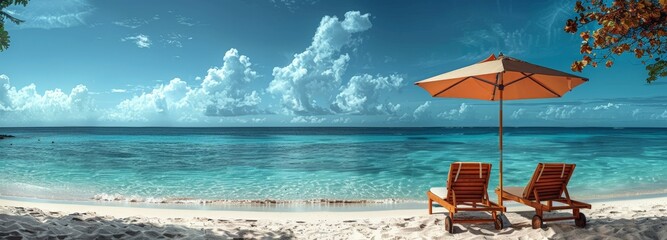 Sticker - Panoramic view of a beautiful beach with two sunbeds under an umbrella