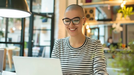 Poster - A woman with a shaved head is smiling while using a laptop