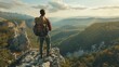 © Suleyman - A man with a backpack stands on a cliff overlooking a valley. He is a traveler or explorer, discovering a new place. He is on an adventure, hiking and exploring the wilderness.