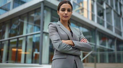 Poster - A woman in a business suit stands in front of a building with her arms crossed